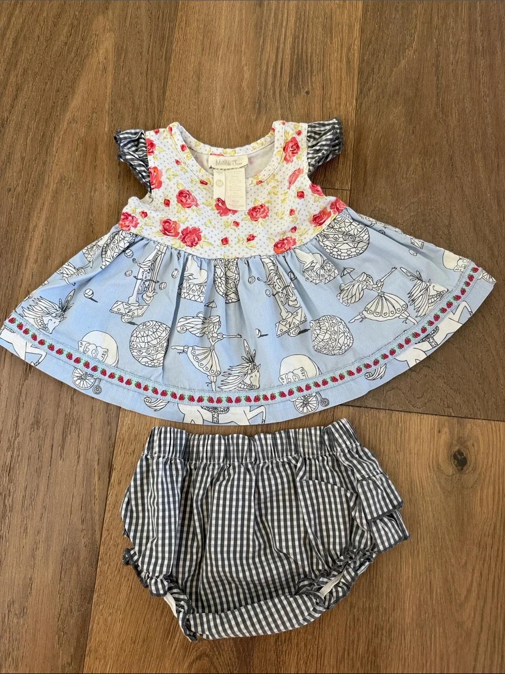 Matilda Jane Blue, Pink & White Floral Carousel Dress and Gingham Bloomers Set